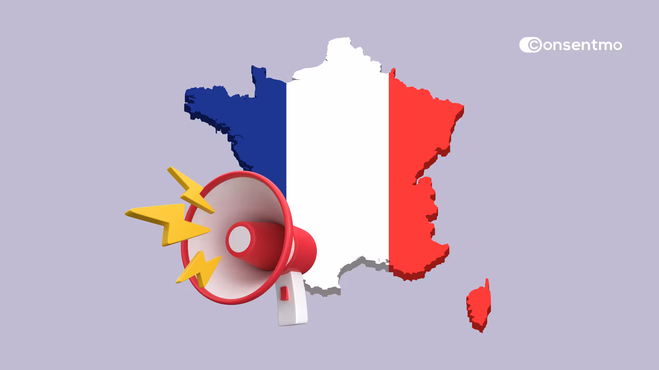 Consentmo update on France privacy and compliance requirements, illustrated with the French flag and an announcement megaphone.