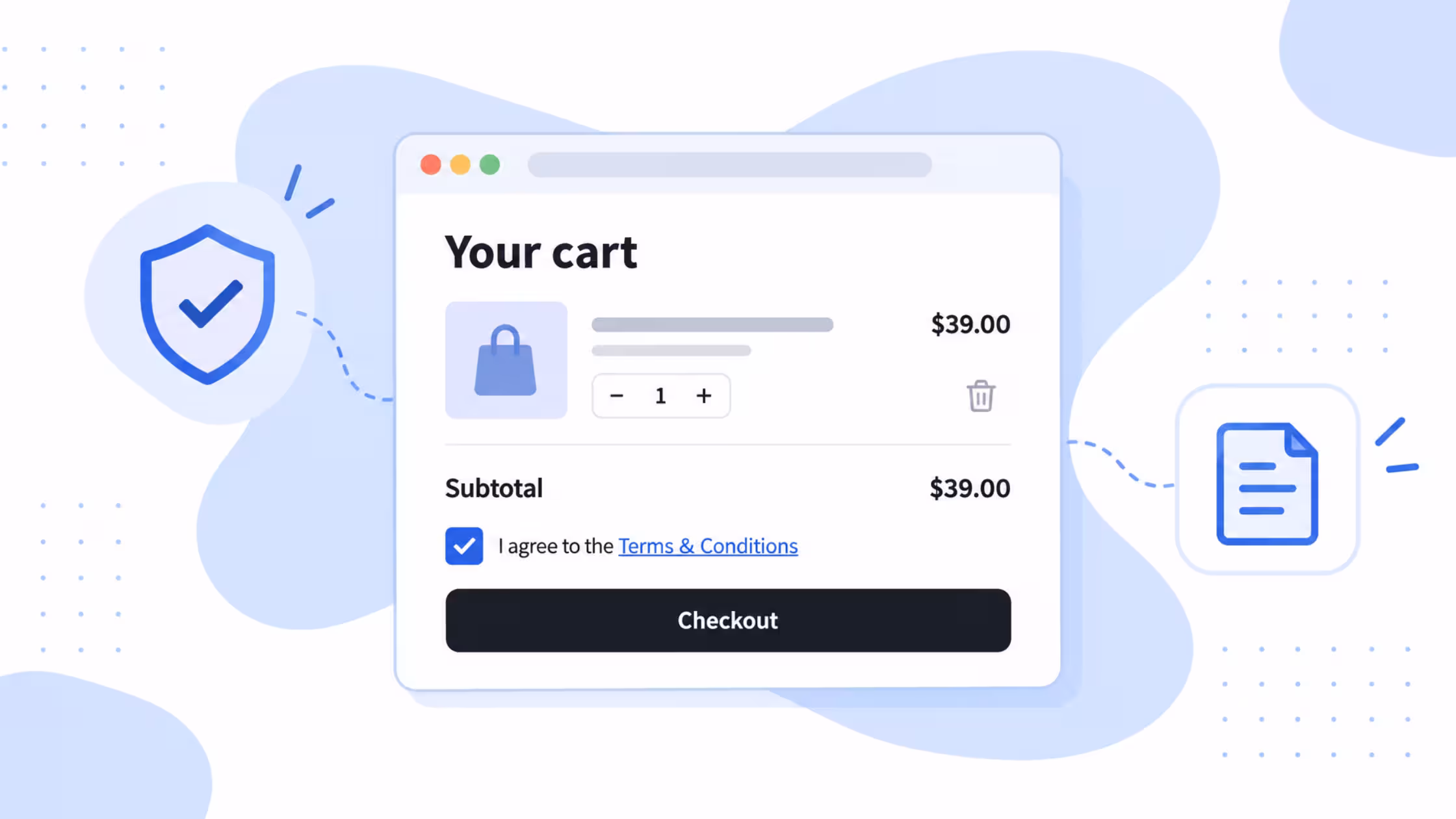 Consentmo Terms & Conditions checkbox in a Shopify cart, allowing customers to accept store policies before checkout.