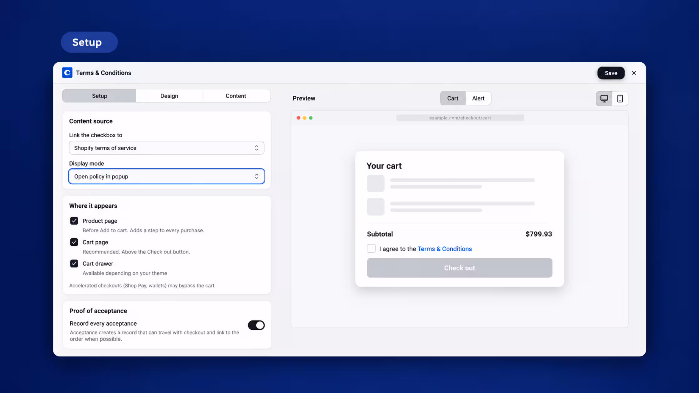 Consentmo Terms & Conditions setup showing checkbox placement, policy display options, acceptance records, and Shopify cart preview.