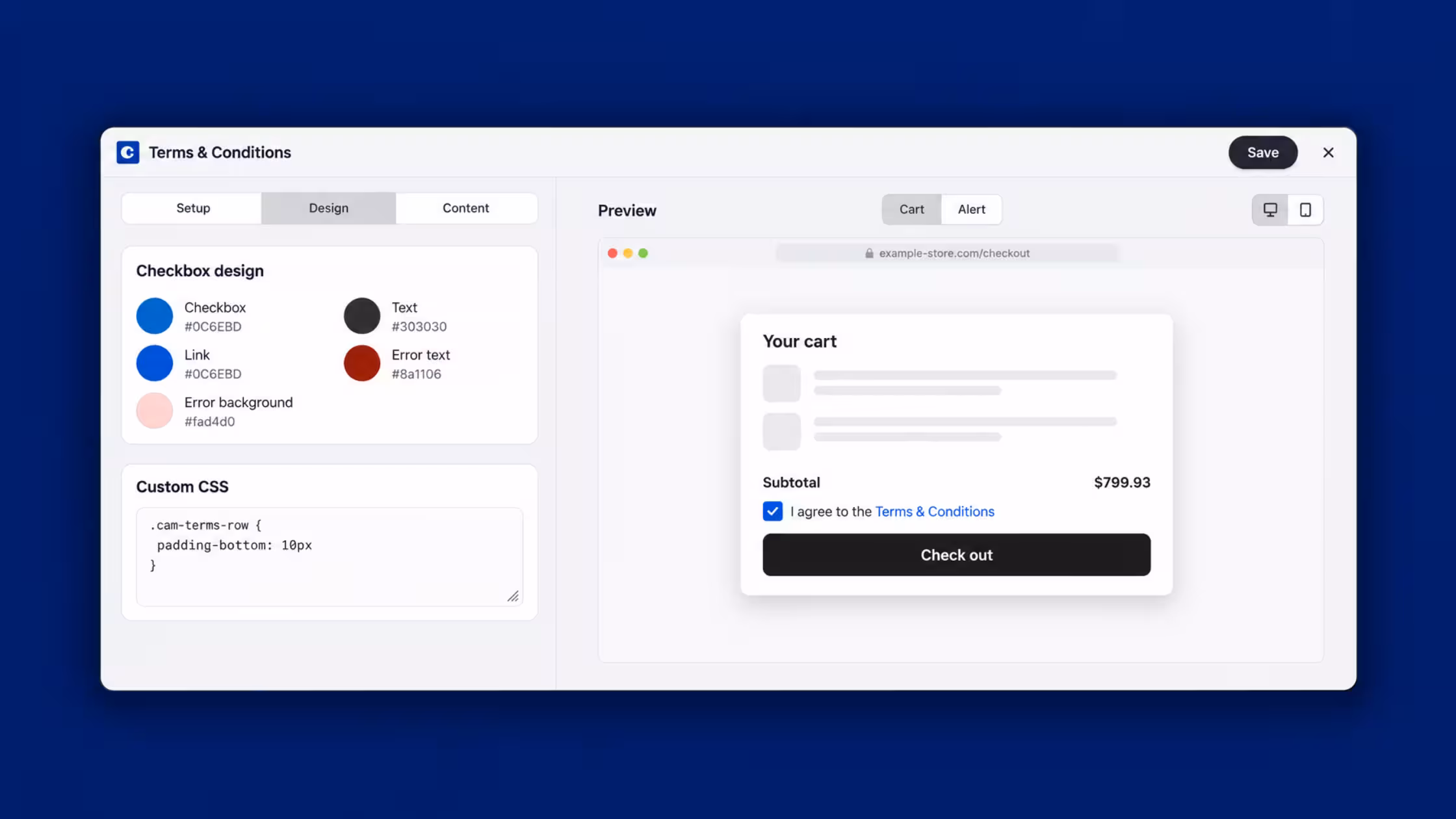 Consentmo Terms & Conditions design settings showing customizable checkbox colors, custom CSS, and a live Shopify cart preview.