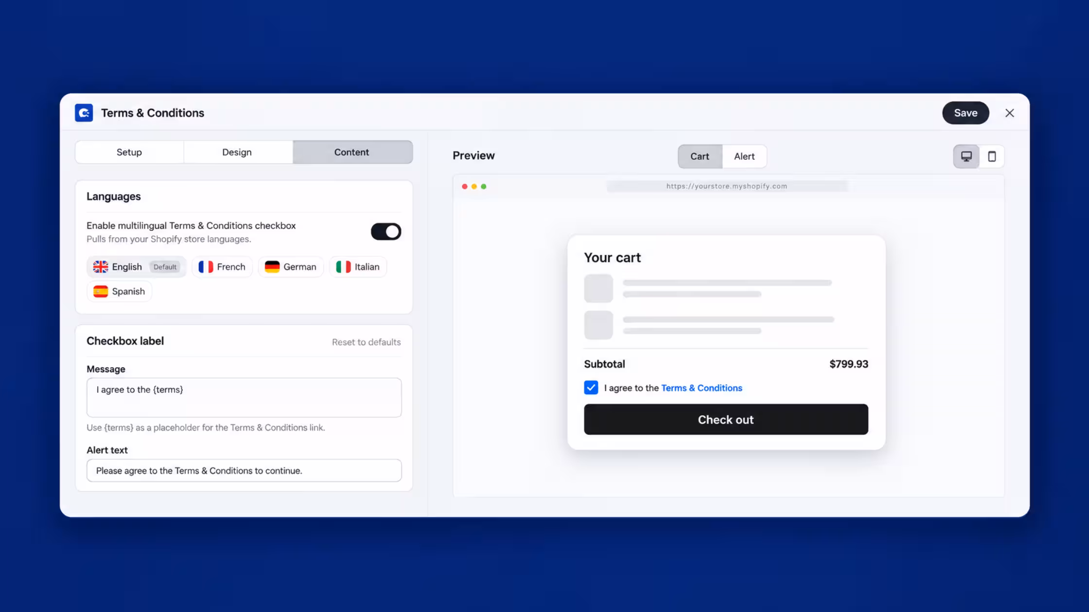 Consentmo Terms & Conditions content settings showing multilingual support, customizable checkbox labels, alert messages, and a live Shopify cart preview.