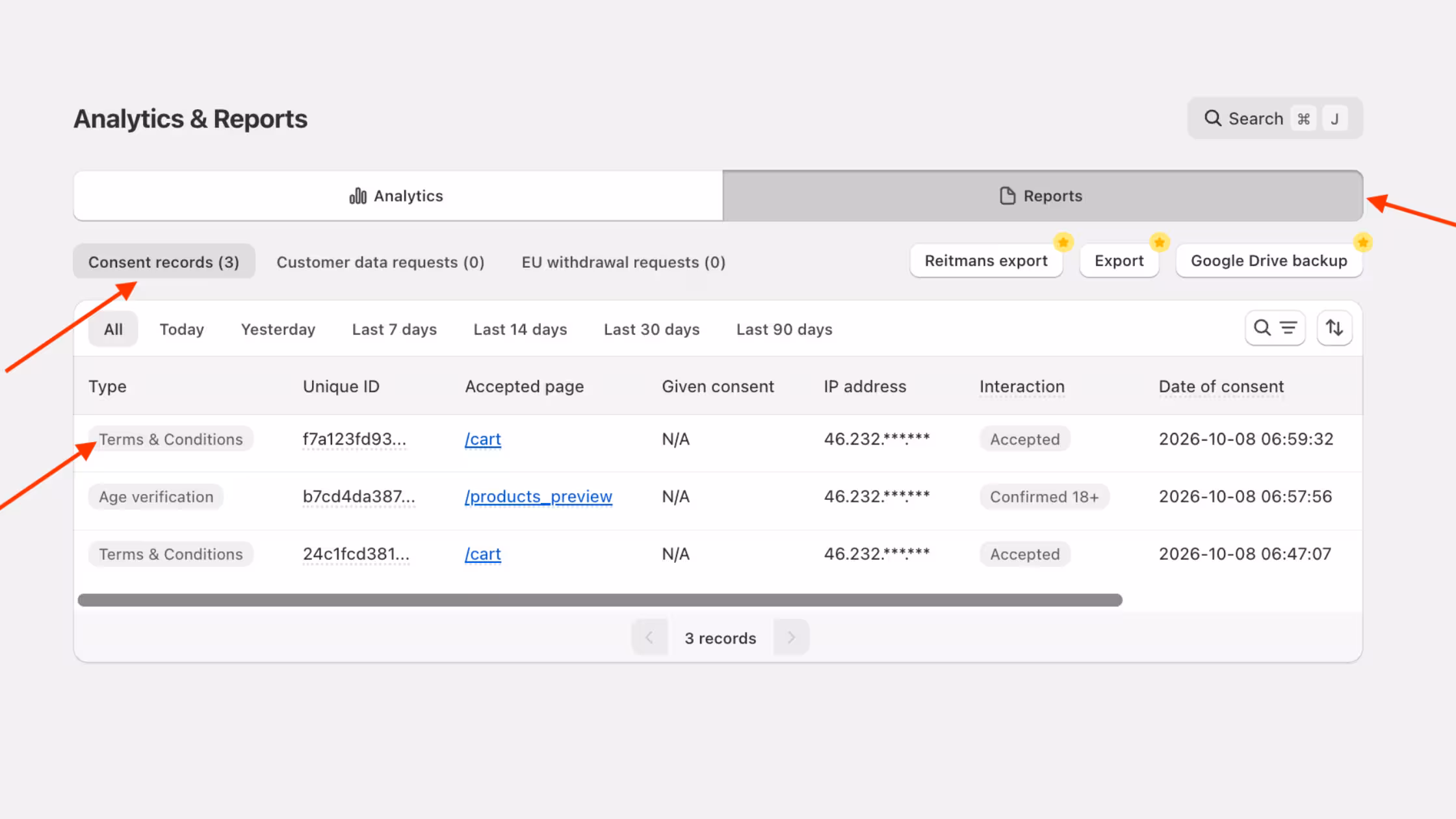 Consentmo Analytics & Reports showing Terms & Conditions acceptance records, including accepted pages, interaction status, and consent timestamps.