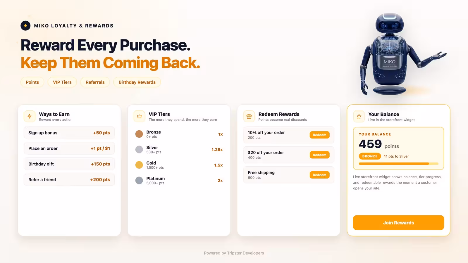 Miko Loyalty & Rewards Shopify app showcasing loyalty points, VIP tiers, referral rewards, birthday bonuses, and customer reward redemption.