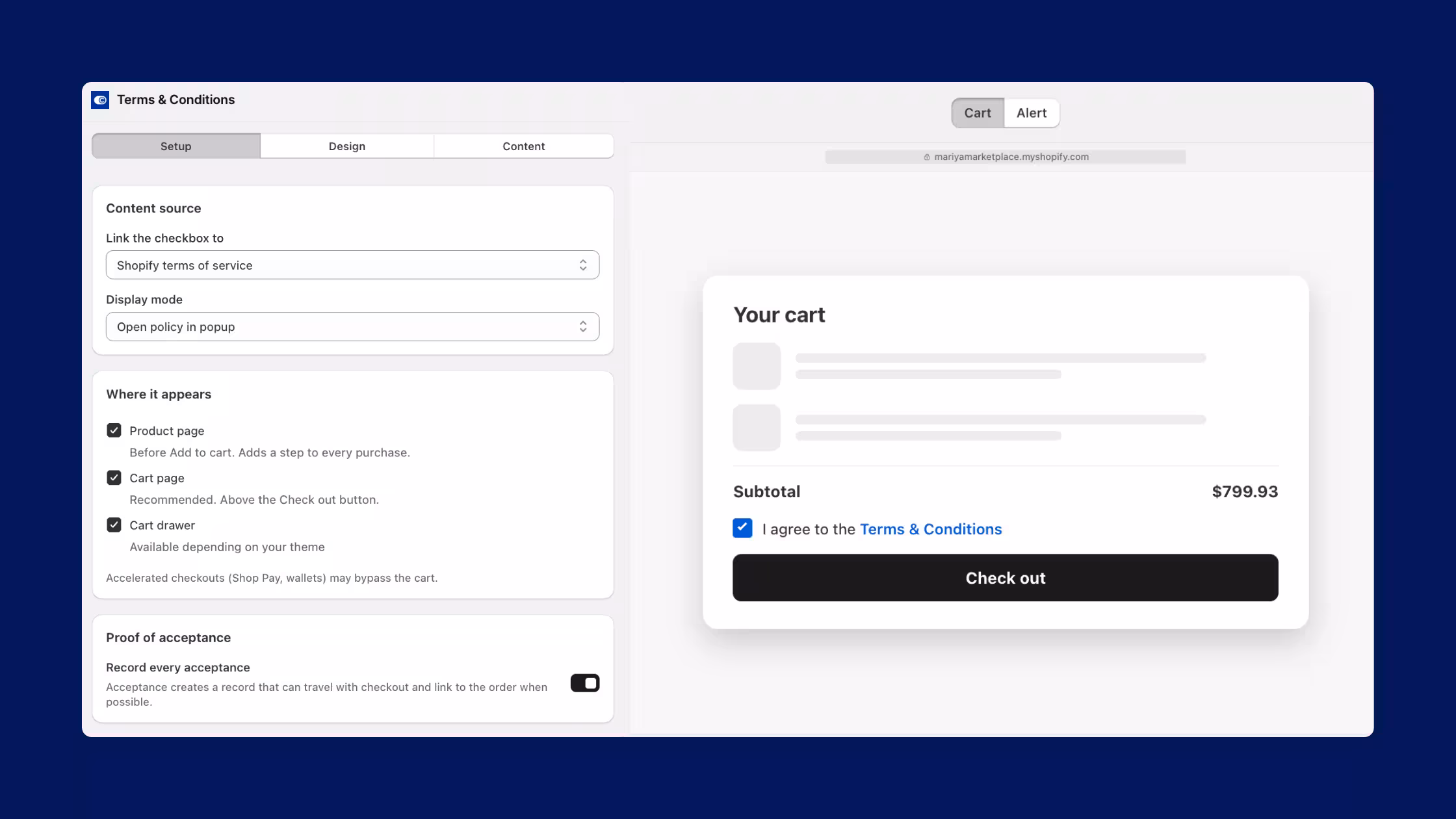 Consentmo Terms & Conditions checkbox setup for Shopify, showing placement options, policy settings, acceptance records, and cart preview.