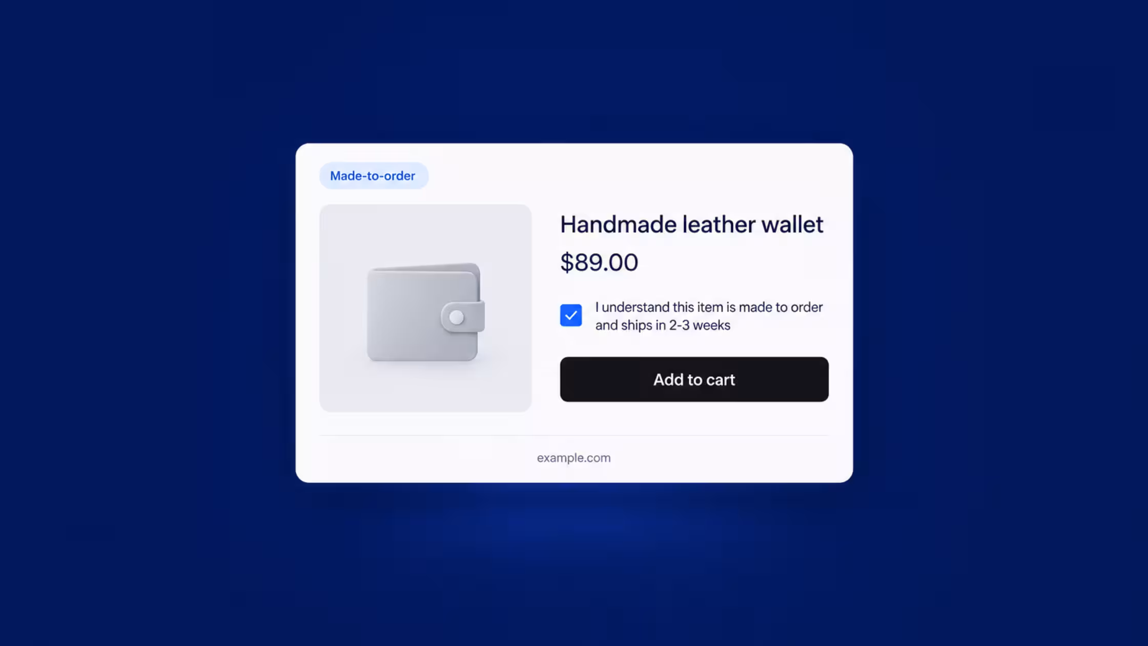 Consentmo Terms & Conditions checkbox for a made-to-order Shopify product, requiring customers to acknowledge production and shipping times before adding to cart.