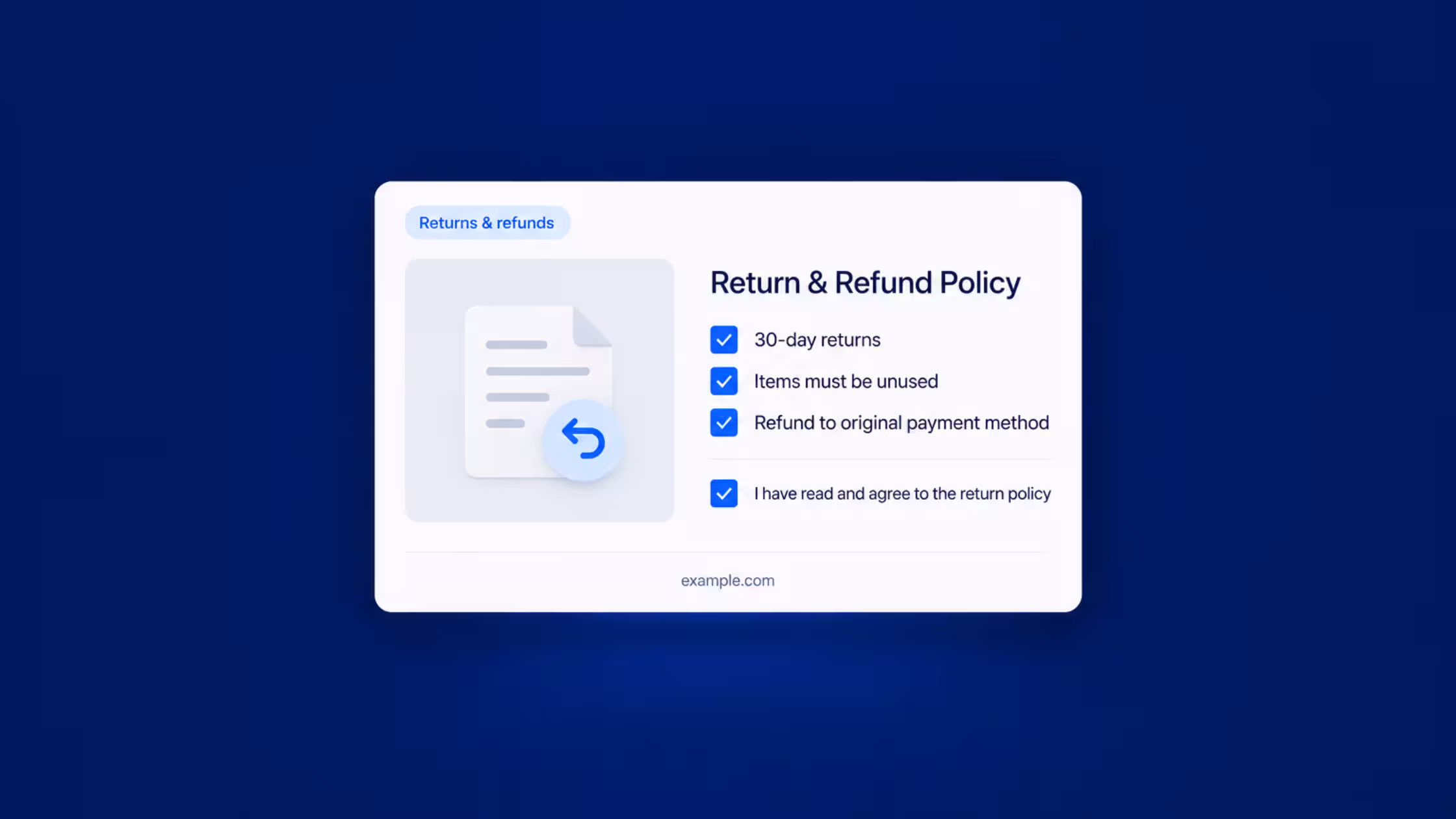 Consentmo Terms & Conditions checkbox for Shopify returns and refunds, showing a 30-day return policy and customer agreement confirmation.