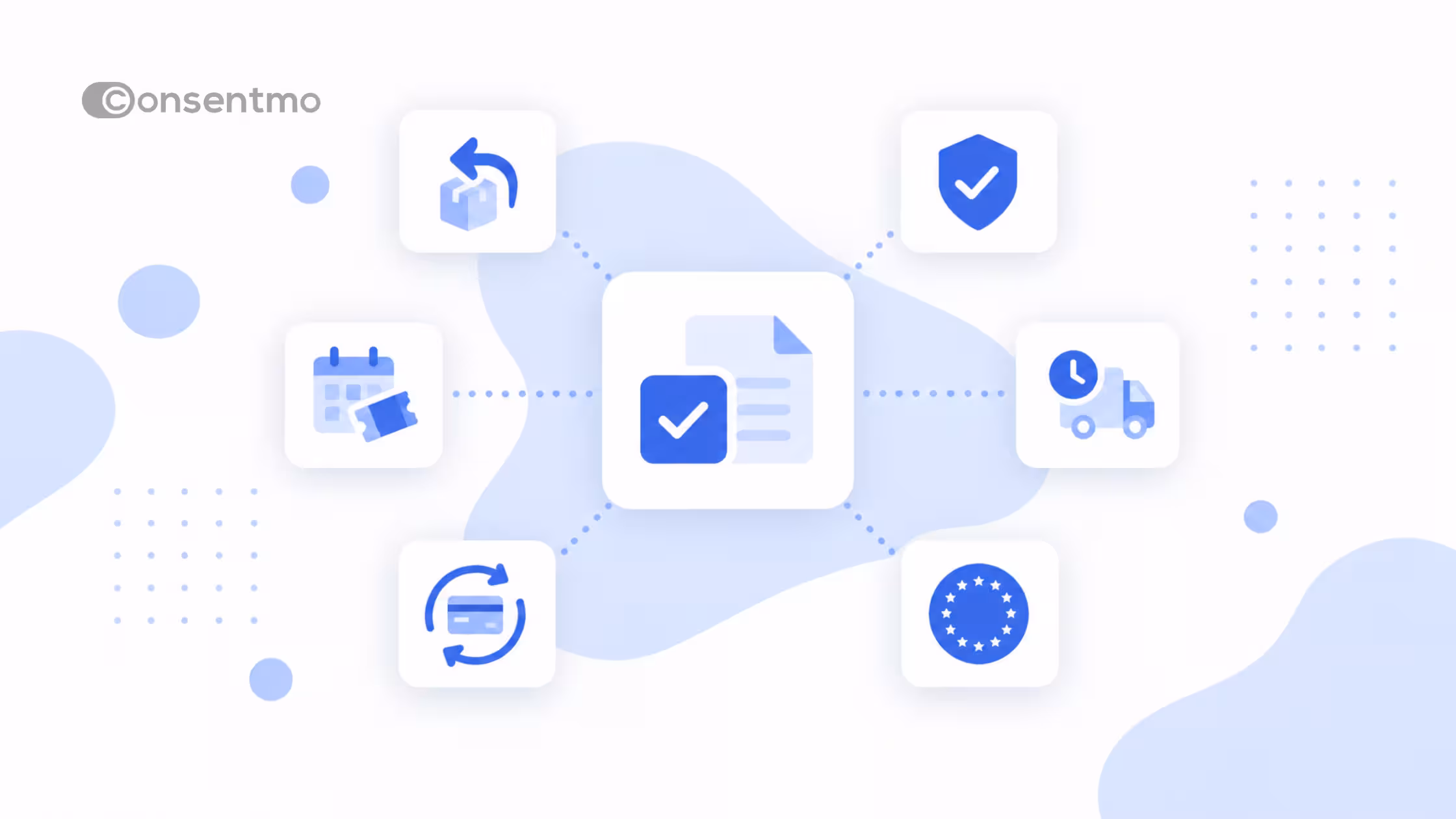 Consentmo Terms & Conditions illustration highlighting customer agreements for returns, shipping, subscriptions, bookings, and EU consumer protection.