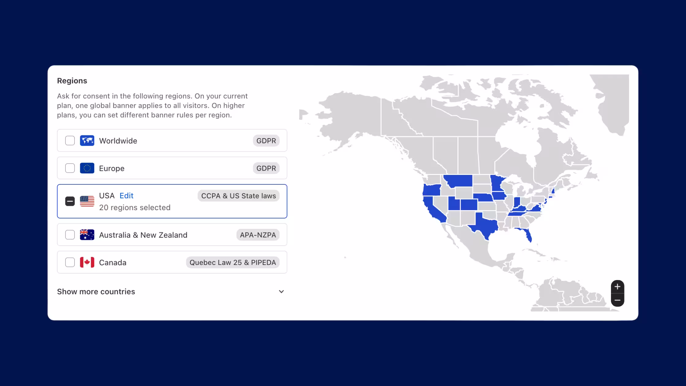 Consentmo Regions settings with USA selected under CCPA & US State laws (20 regions), highlighted on a map of North America.