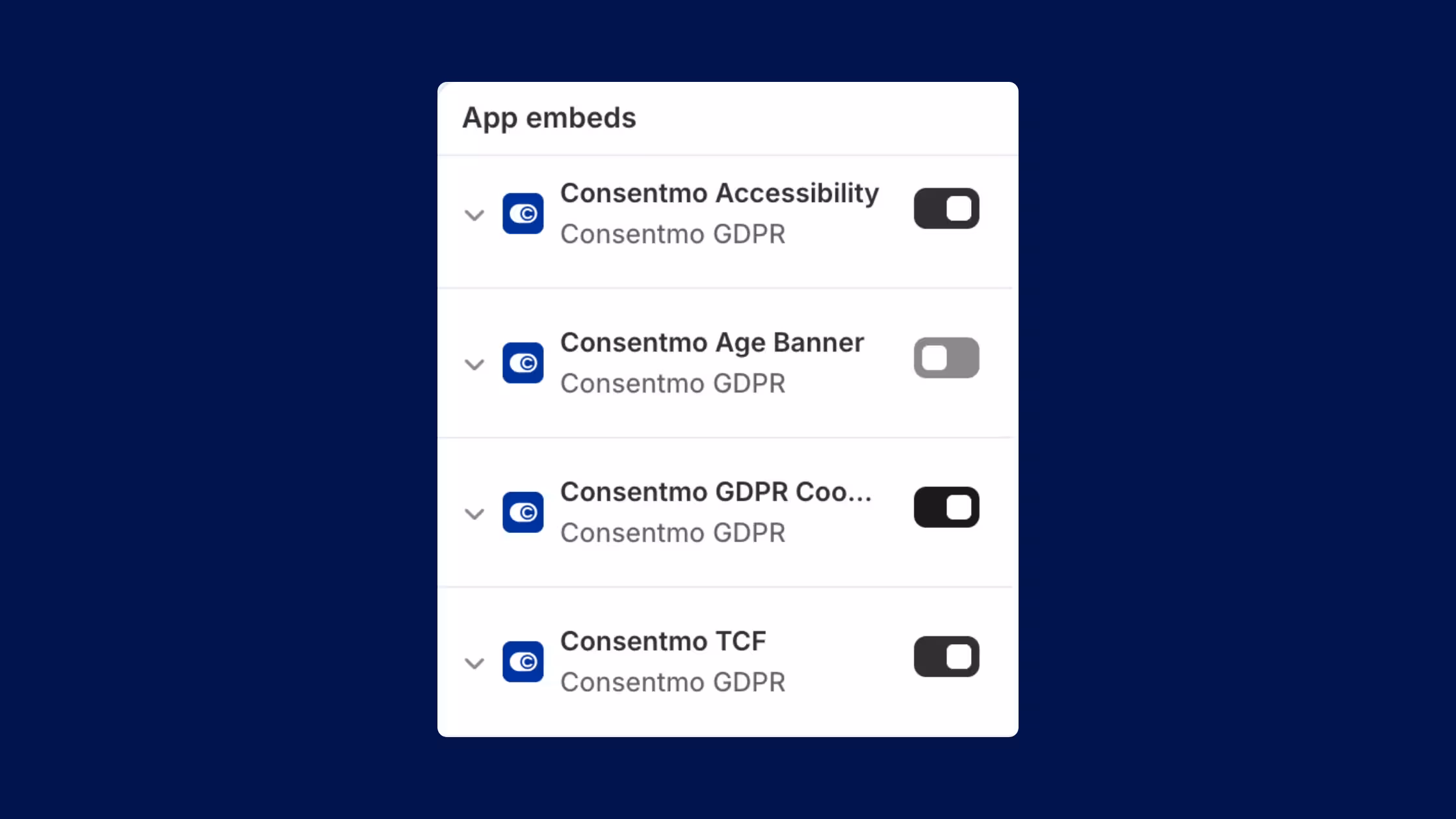 Shopify app embeds panel with Consentmo Accessibility, GDPR Cookie Banner and TCF toggled on, and Consentmo Age Banner toggled off.