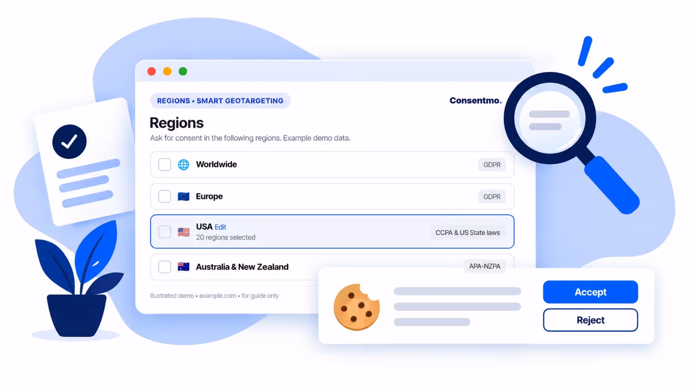 Illustration of Consentmo Regions and Smart Geotargeting settings with USA highlighted, a cookie banner with Accept and Reject buttons, and a magnifying glass.