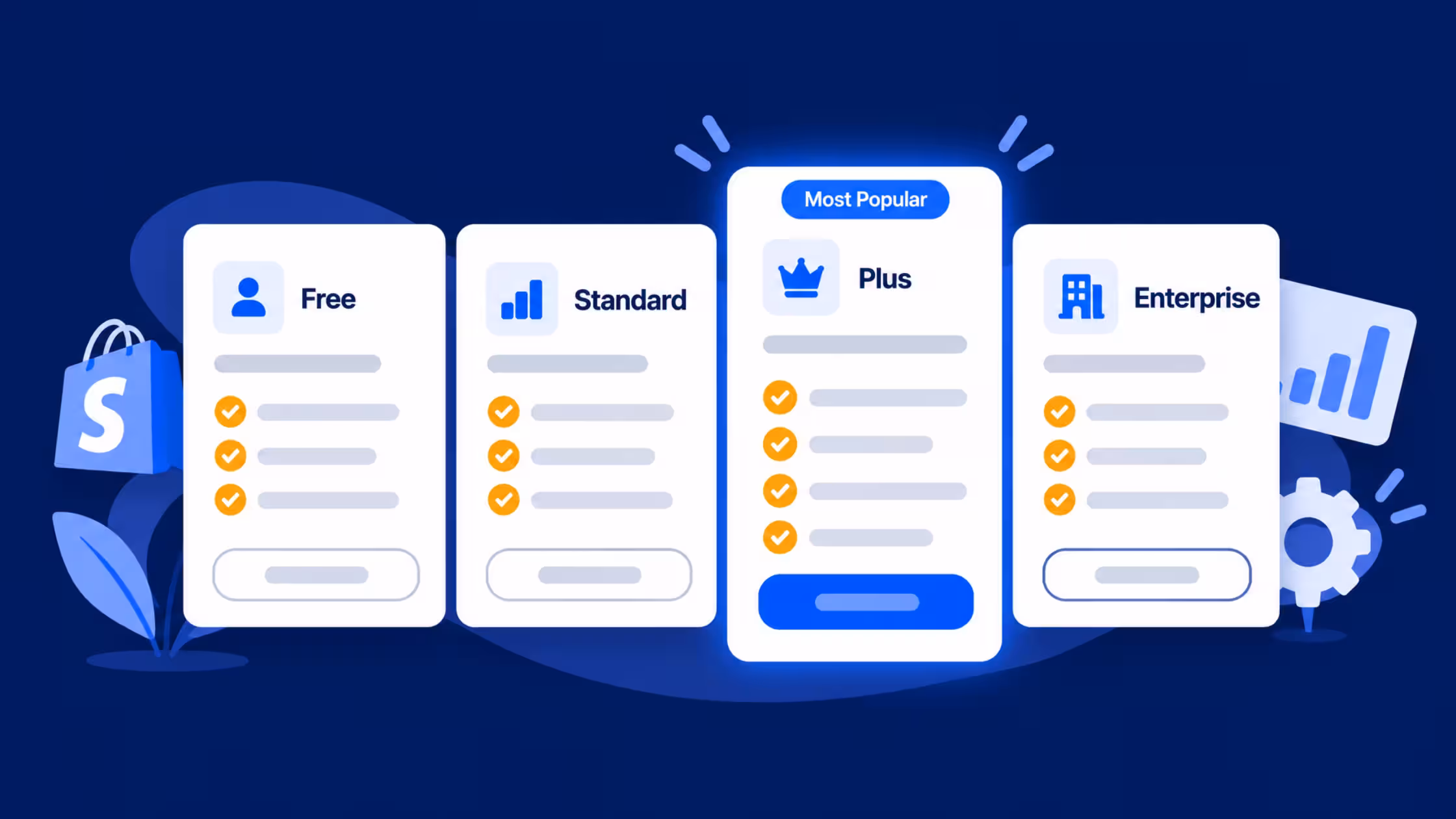 Illustration of Consentmo pricing plans (Free, Standard, Plus and Enterprise) with Plus highlighted as Most Popular, beside a Shopify bag icon.