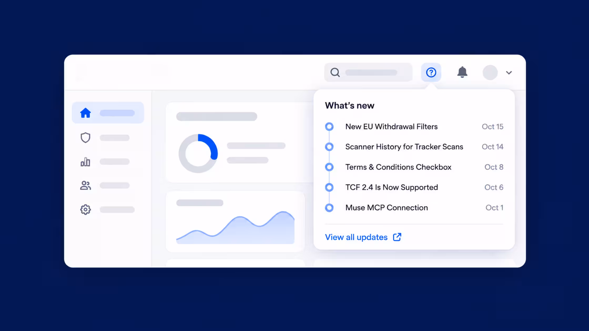 Illustration of the Consentmo dashboard with a notification bell opening a What’s new list of recent feature releases.