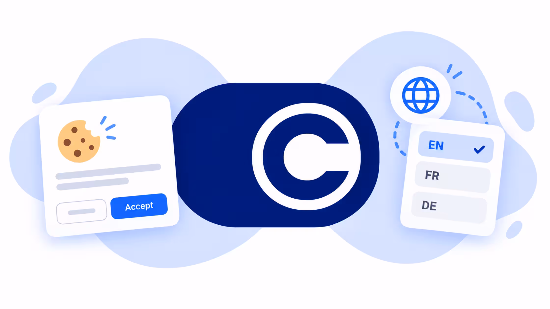 Illustration of the Consentmo logo between a cookie banner and a language selector with English, French and German options.