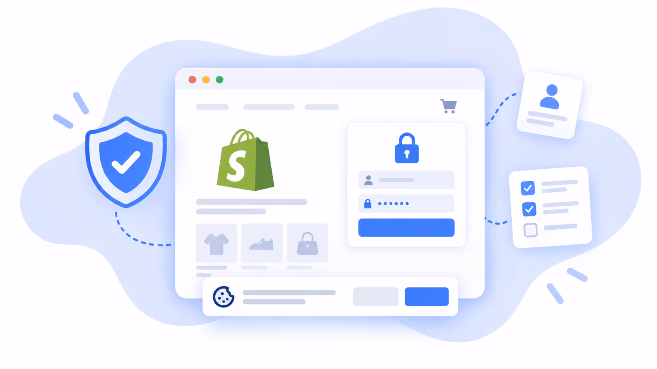 Illustration of a Shopify store protected by Consentmo, with a cookie banner, secure login form, shield icon and consent checklist.