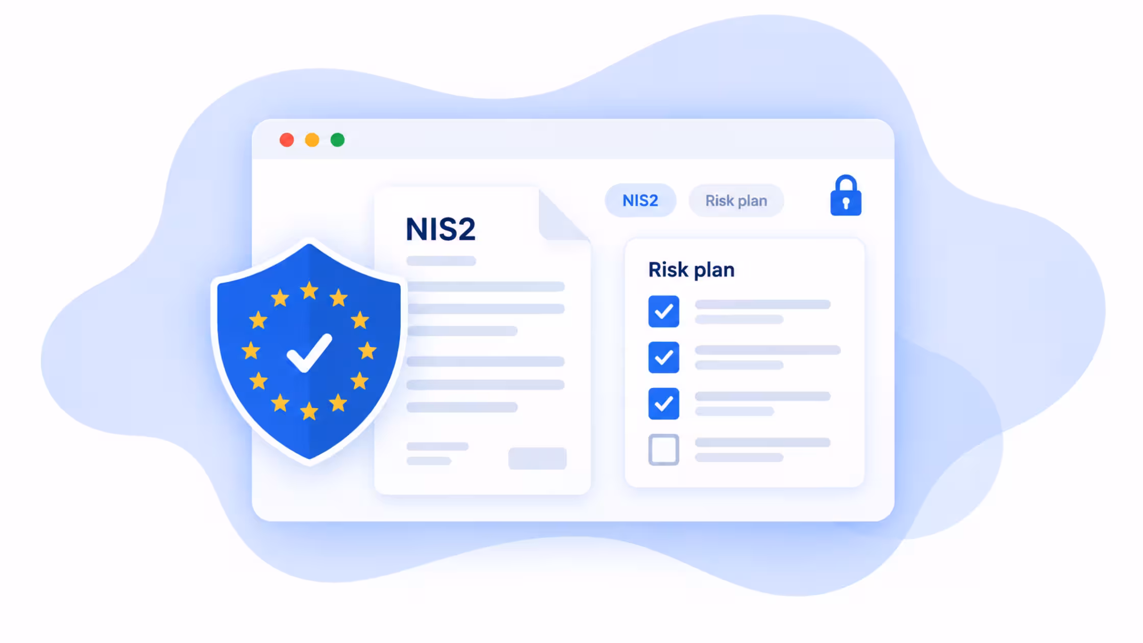 Consentmo illustration of EU cybersecurity compliance, with an EU-starred shield, a NIS2 document and a risk plan checklist.
