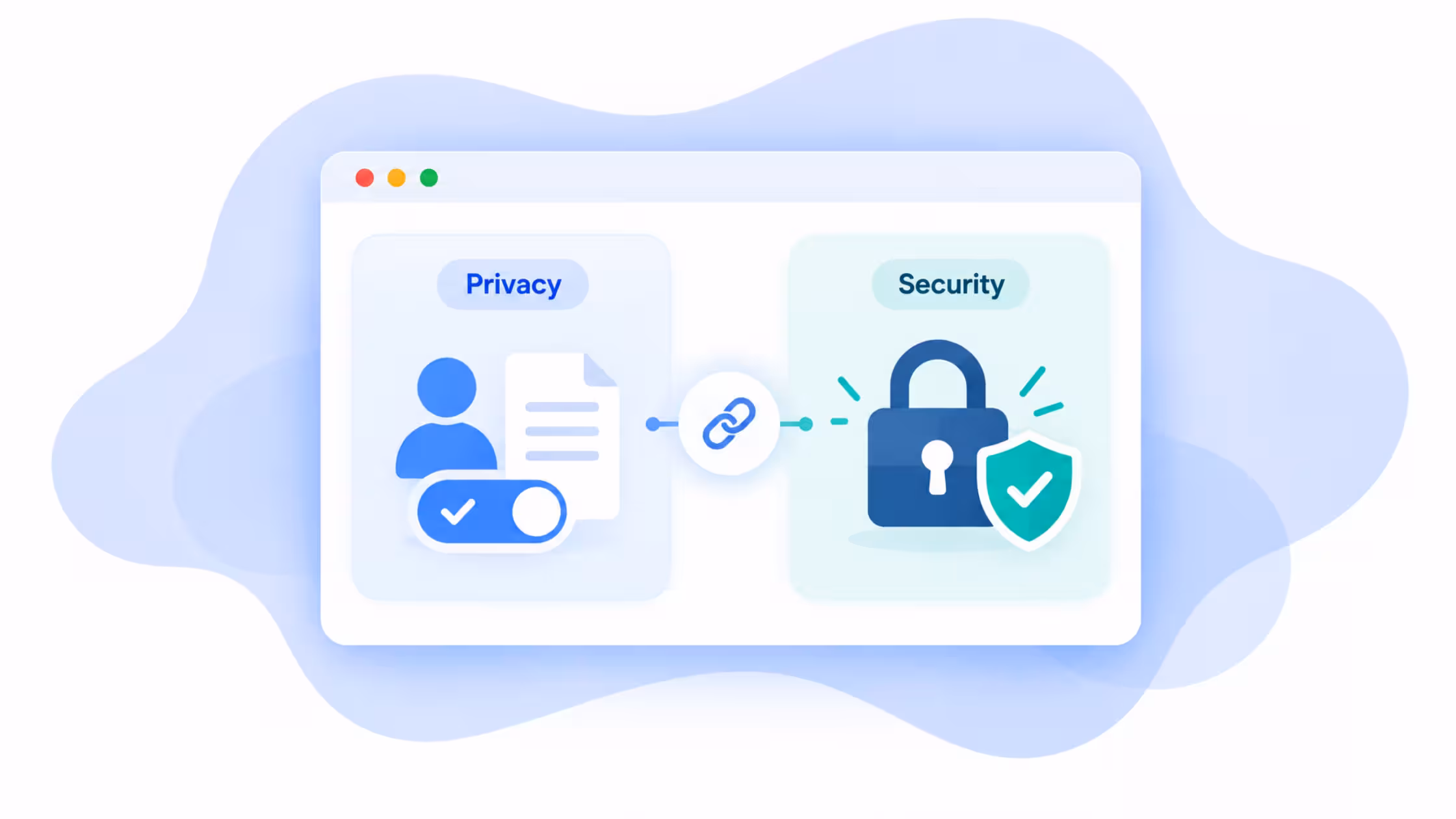 Consentmo illustration linking privacy, shown as a user with a consent toggle, to security, shown as a padlock with a check shield.