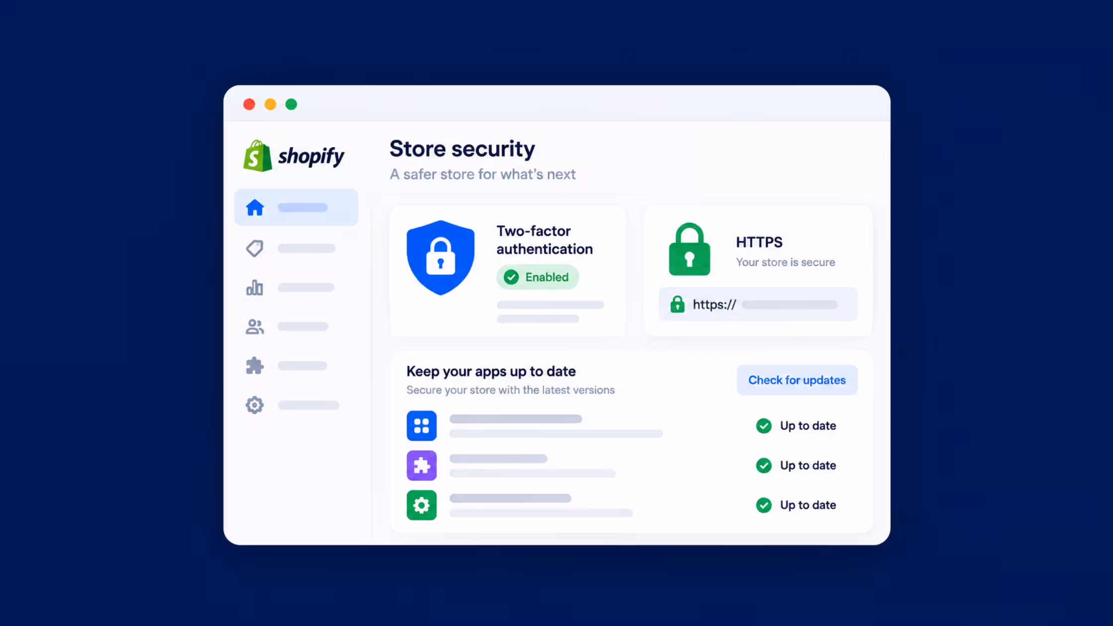 Consentmo illustration of a Shopify store security dashboard with two-factor authentication enabled, HTTPS active and apps up to date.