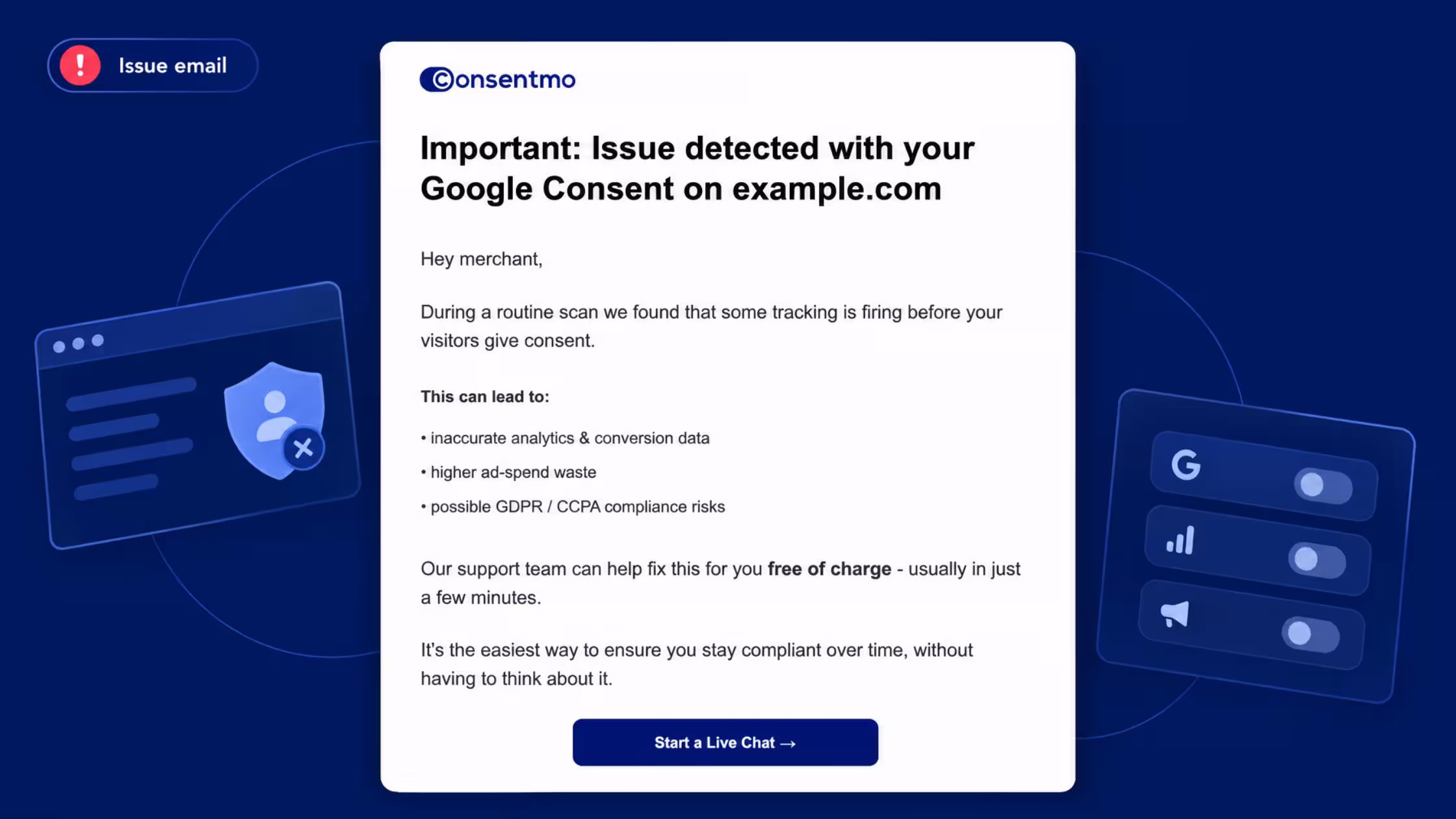 Consentmo issue email alerting a merchant that Google tracking fires before visitor consent, with a Start a Live Chat button for free support.