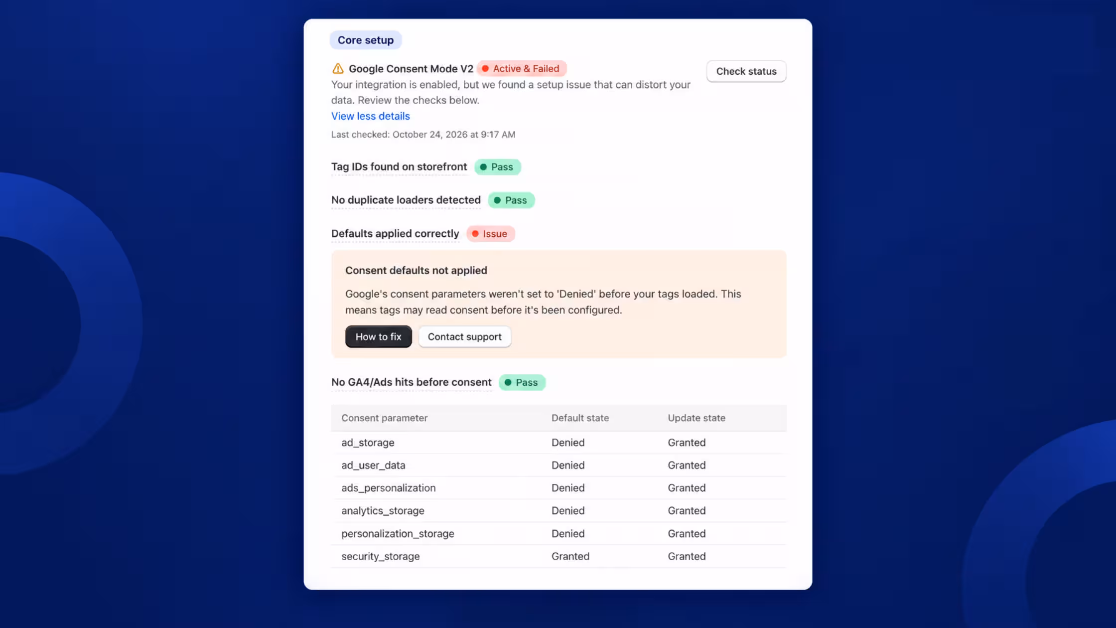 Consentmo Google Consent Mode V2 check marked Active & Failed, flagging consent defaults not applied with How to fix and Contact support options.