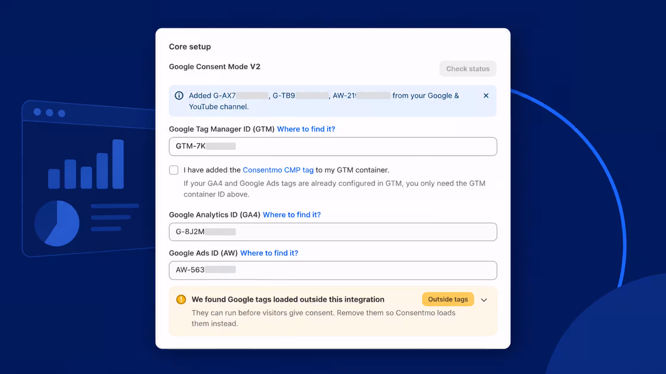 Consentmo Google Consent Mode V2 setup with GTM, GA4 and Google Ads ID fields, and a warning about Google tags loaded outside the integration.