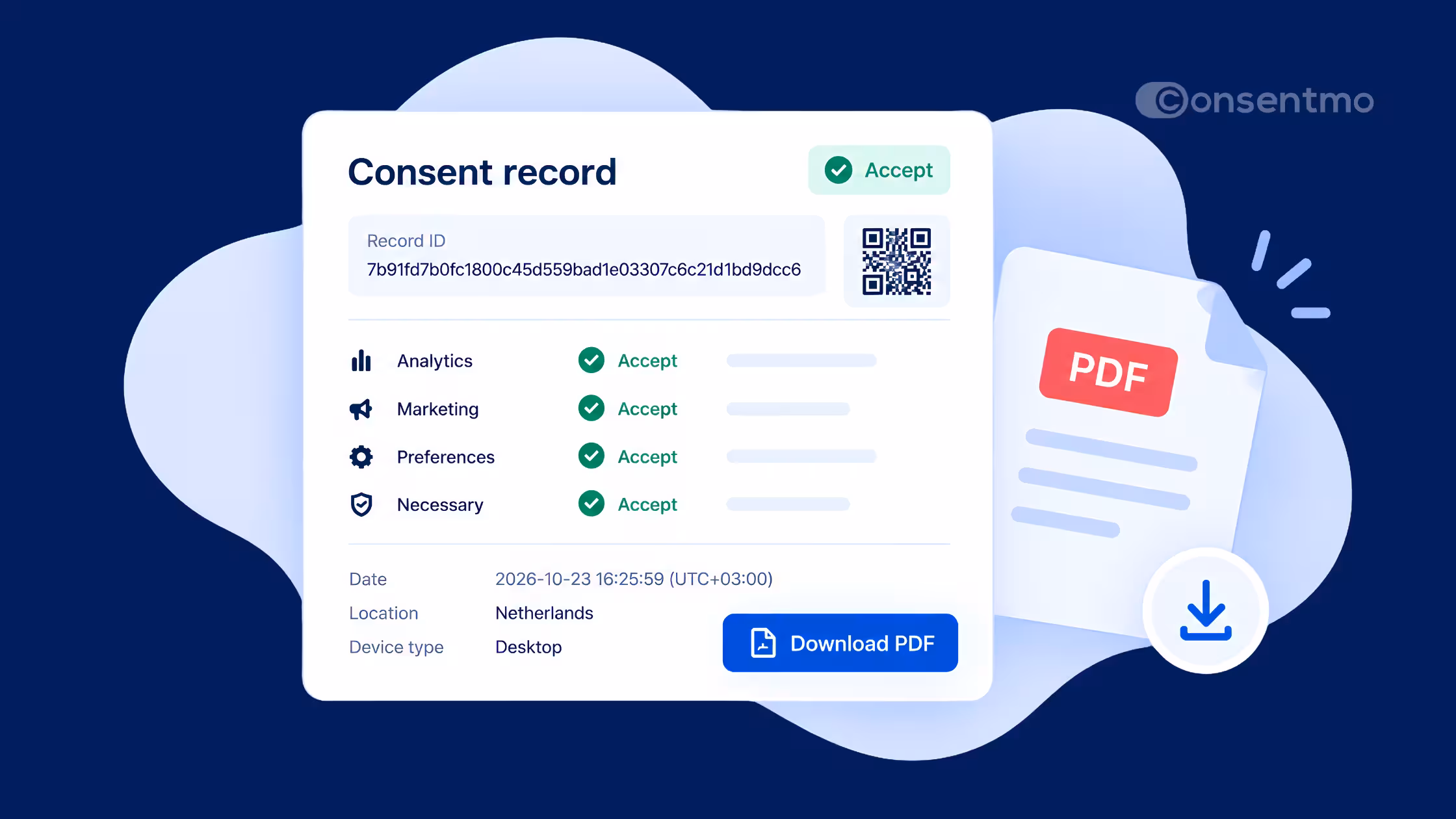 Illustration of a Consentmo consent record with a record ID, accepted categories and a Download PDF button.