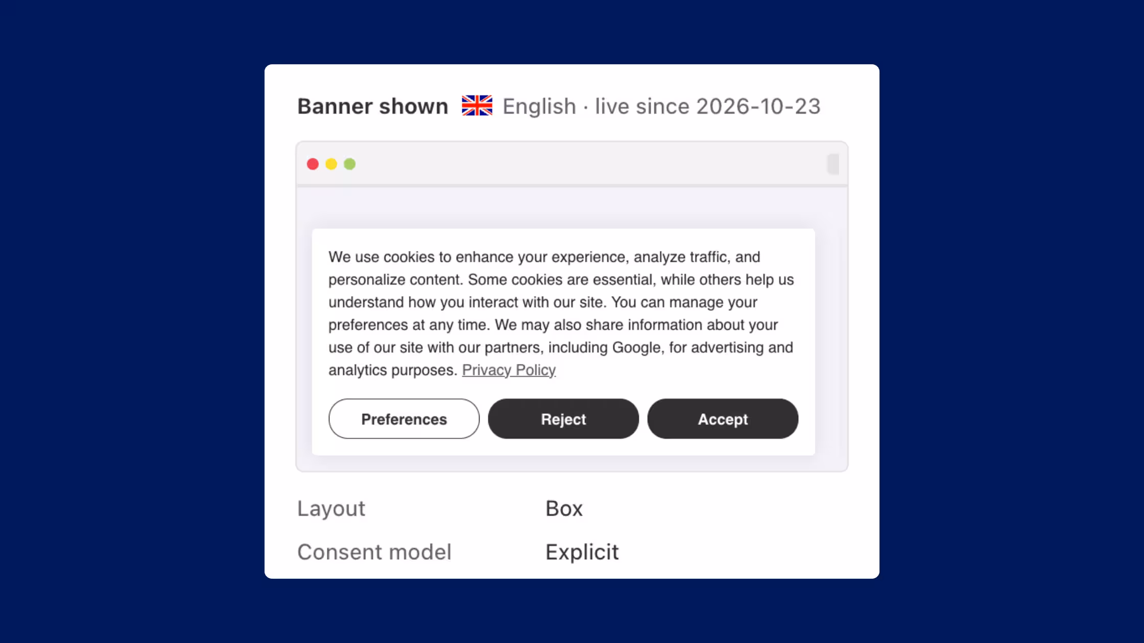 Consentmo Proof of Consent snapshot of the English cookie banner shown to the visitor, with Box layout and Explicit consent model.