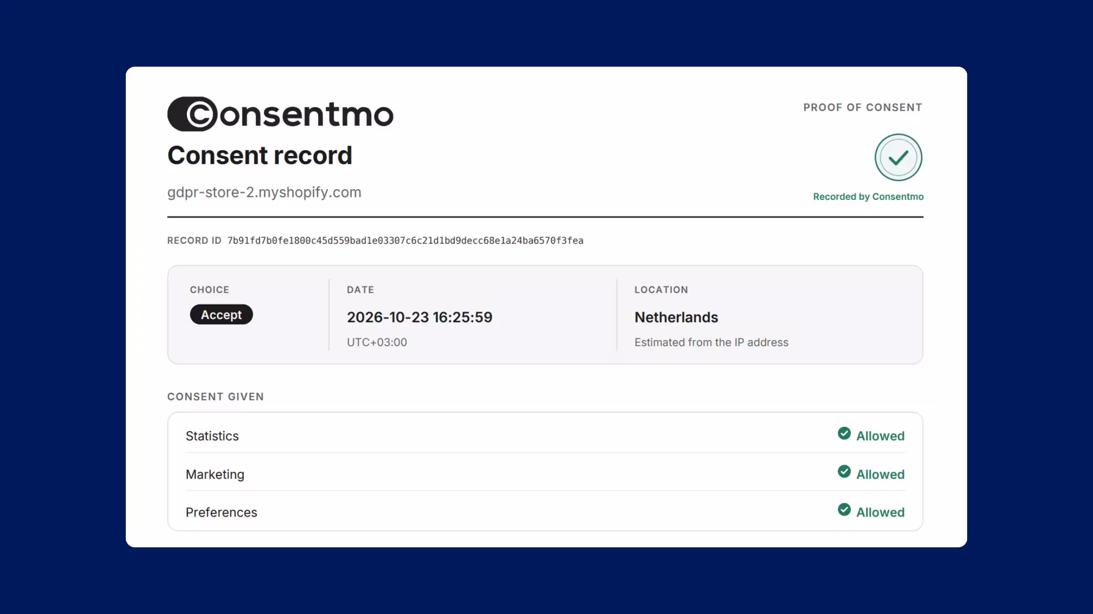 Consentmo Proof of Consent PDF showing a consent record with an Accept choice from the Netherlands and statistics, marketing and preferences allowed.
