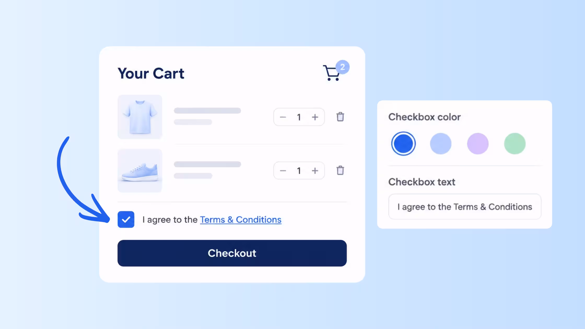 Cart with an arrow pointing to the Consentmo “I agree to the Terms & Conditions” checkbox above Checkout, beside checkbox color and text settings.