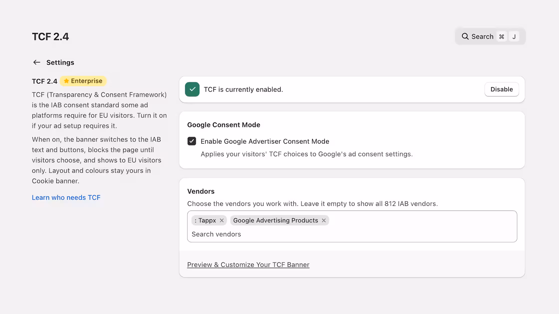Consentmo TCF 2.4 settings with TCF enabled, Google Advertiser Consent Mode turned on, and Tappx and Google Advertising Products selected as vendors.