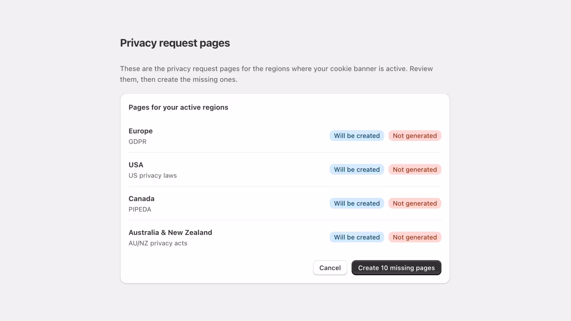 Consentmo privacy request pages for active regions, with pages to be created for Europe, USA, Canada, and Australia & New Zealand and a Create 10 missing pages button.