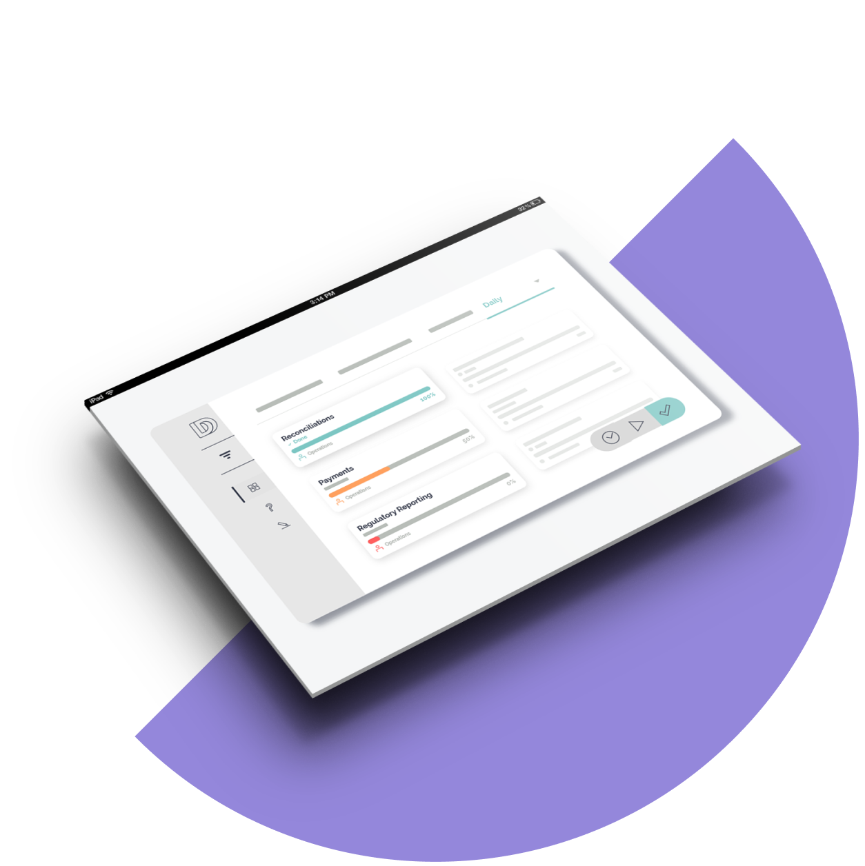 Tablet displaying a dashboard with progress bars for Reconciliations at 100%, Payments at 50%, and Regulatory Reporting at 0%, on a purple semi-circle background.