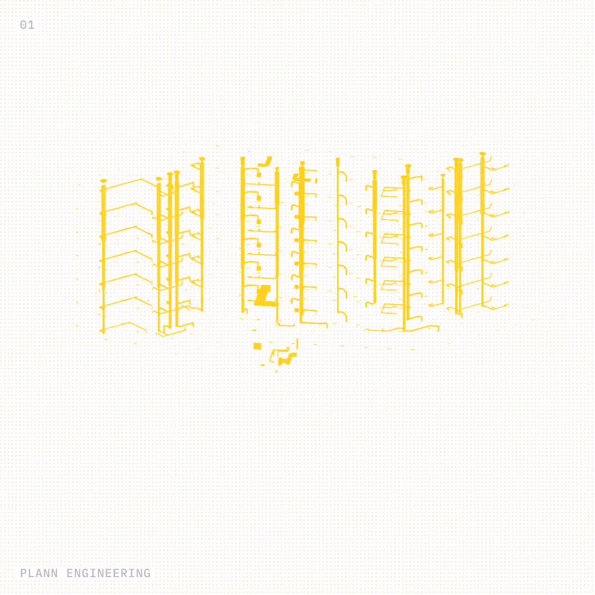 Yellow line drawing of building structures with floors and staircases on a white grid background.