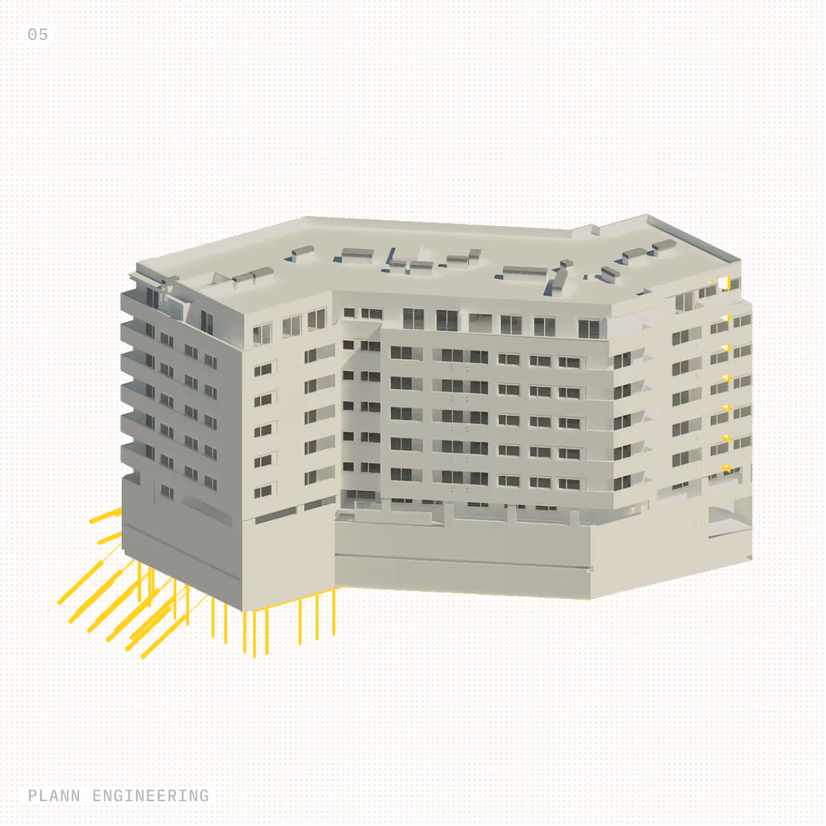 3D architectural rendering of a multi-story building with detailed windows and rooftop structures.