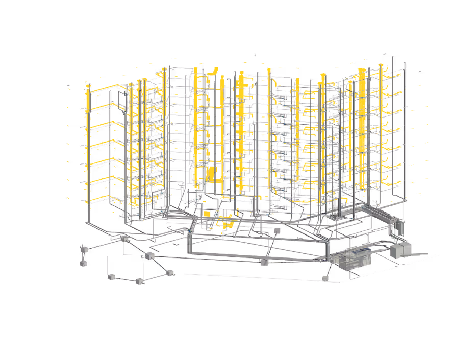 3D schematic of a multi-level car parking system with vertical lifts and horizontal conveyors.