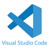 Visual Studio Code logo with blue abstract ribbon design and text below.