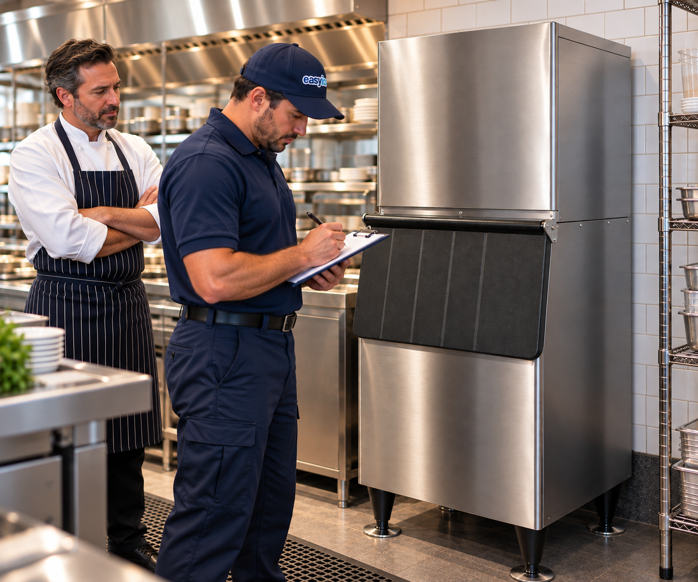 Ice machine technician examines ice maker in restaurant kitchen