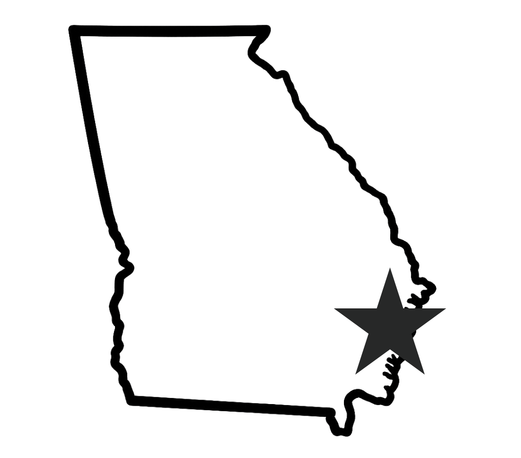 Outline of the state of Georgia with a star highlighting savannah's location