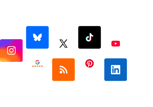 Grid of icons representing social media and digital platforms including Instagram, Bluesky, RSS feed, TikTok, YouTube, LinkedIn, Pinterest, Google reviews, and X.