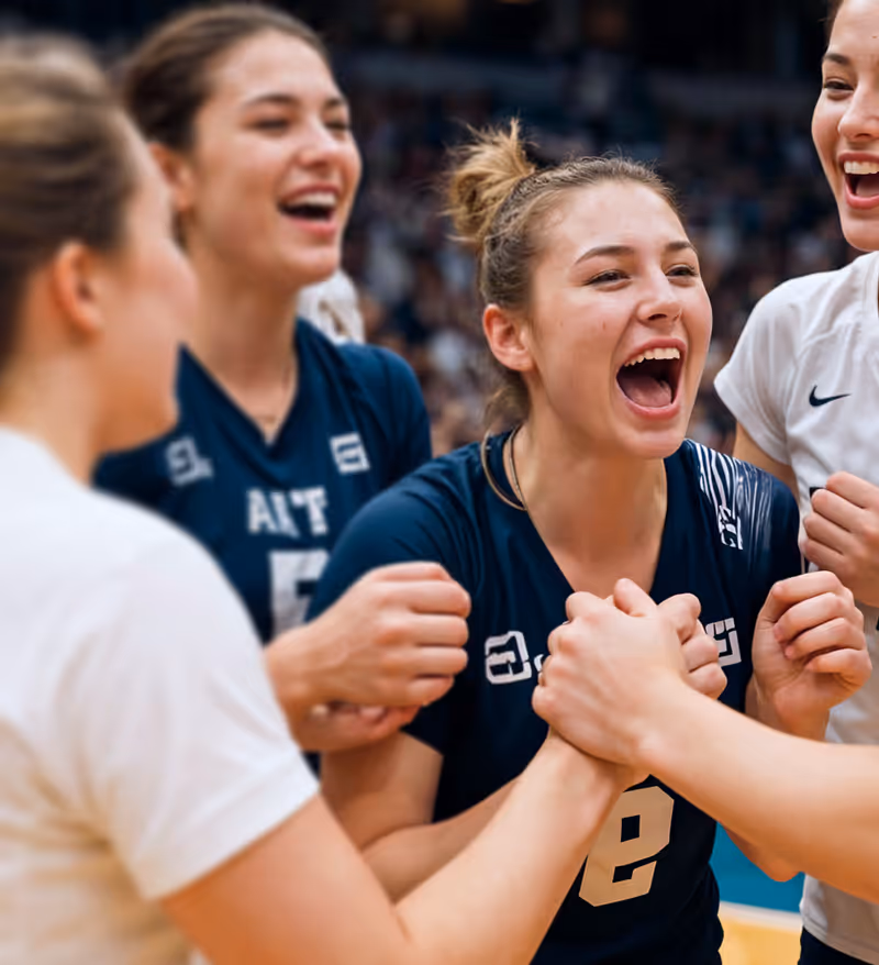 Female volleyball players smiling and enthusiastically holding hands in a team huddle on the court.