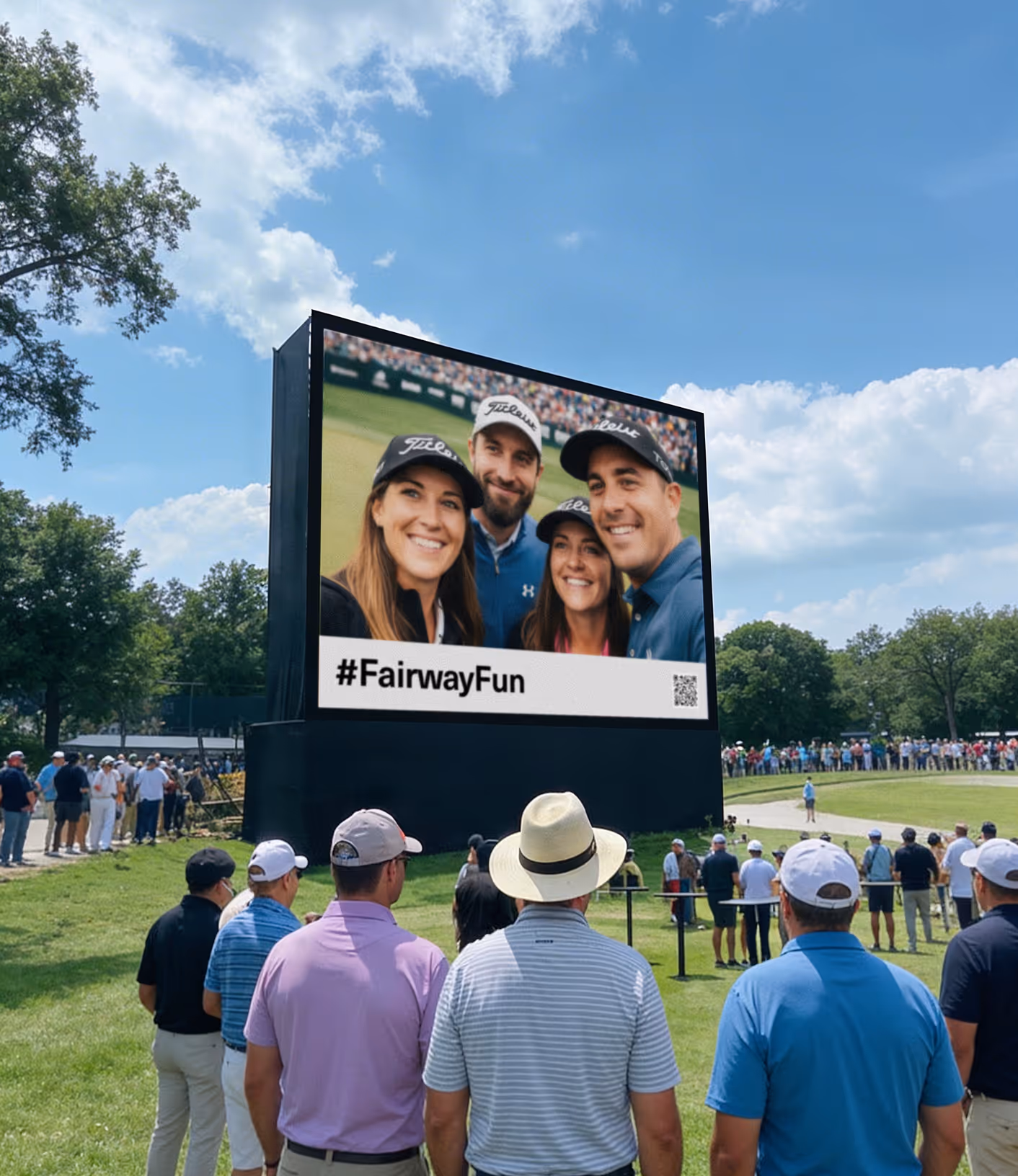 Crowd of people watching a large outdoor screen displaying a selfie of four smiling people wearing golf caps with the hashtag #FairwayFun.
