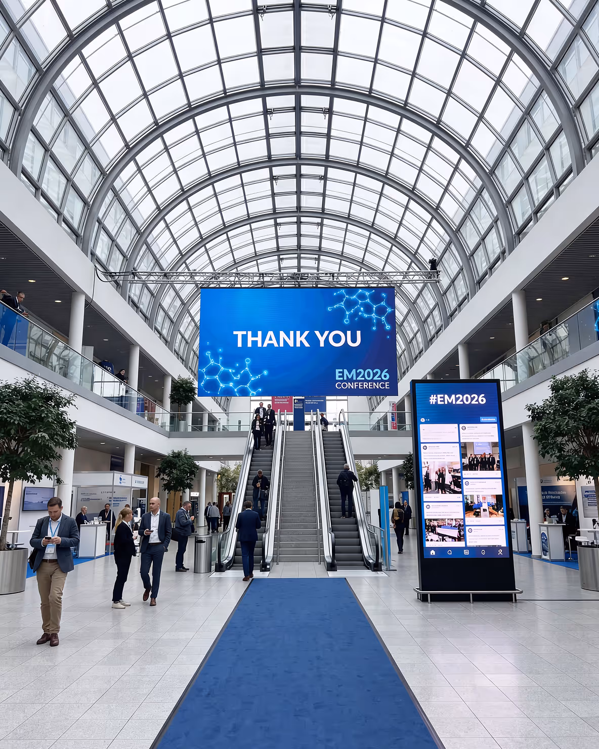 Modern conference hall with a large digital screen reading 'THANK YOU EM2026 CONFERENCE' above escalators and attendees walking.