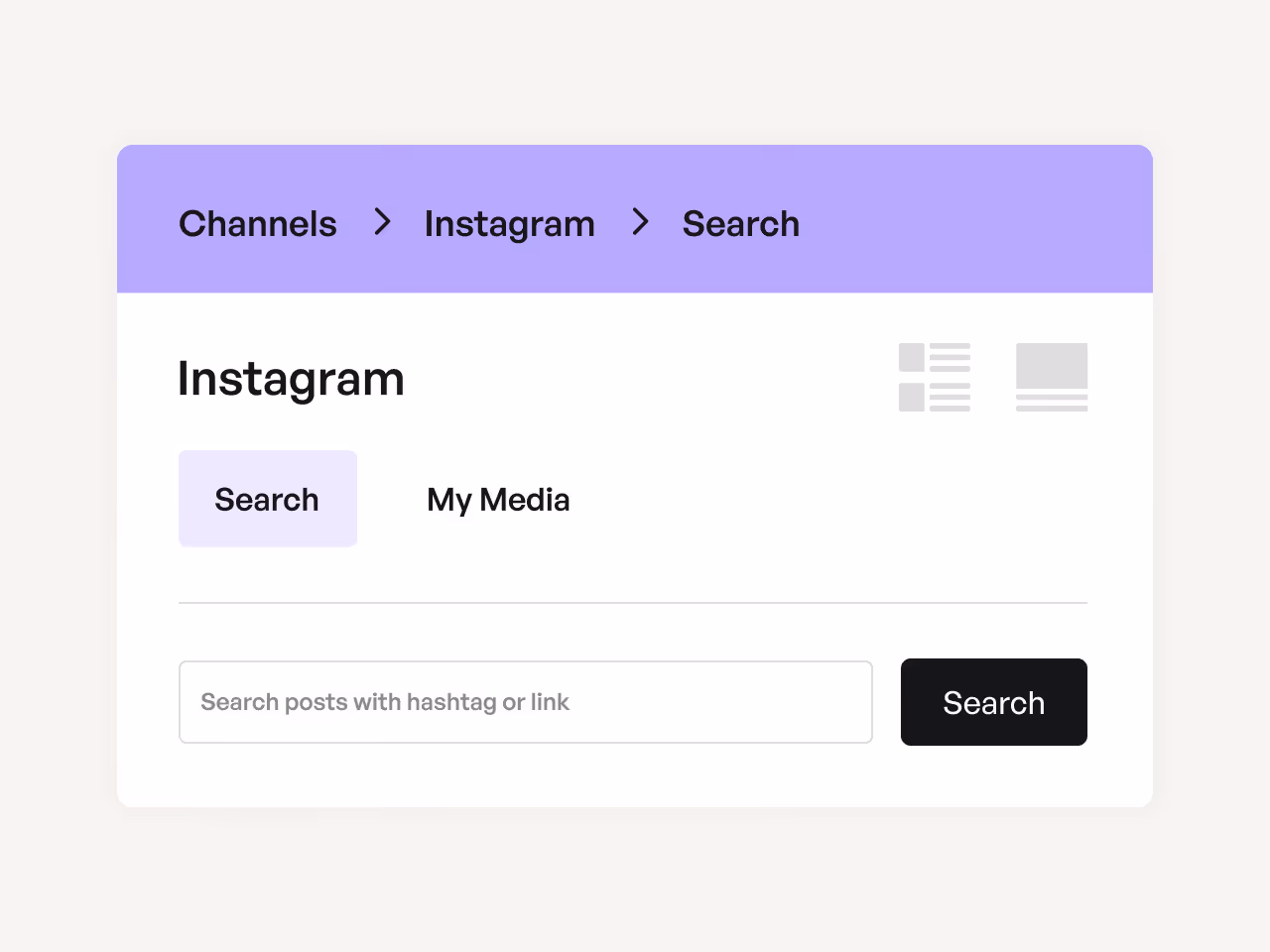 Instagram search interface with a search bar to find posts by hashtag or link, and tabs for Search and My Media.