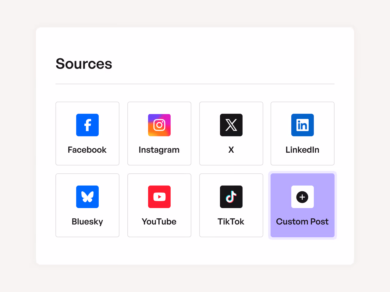 Grid of social media icons labeled Facebook, Instagram, X, LinkedIn, Bluesky, YouTube, TikTok, and a highlighted Custom Post button with a plus symbol.