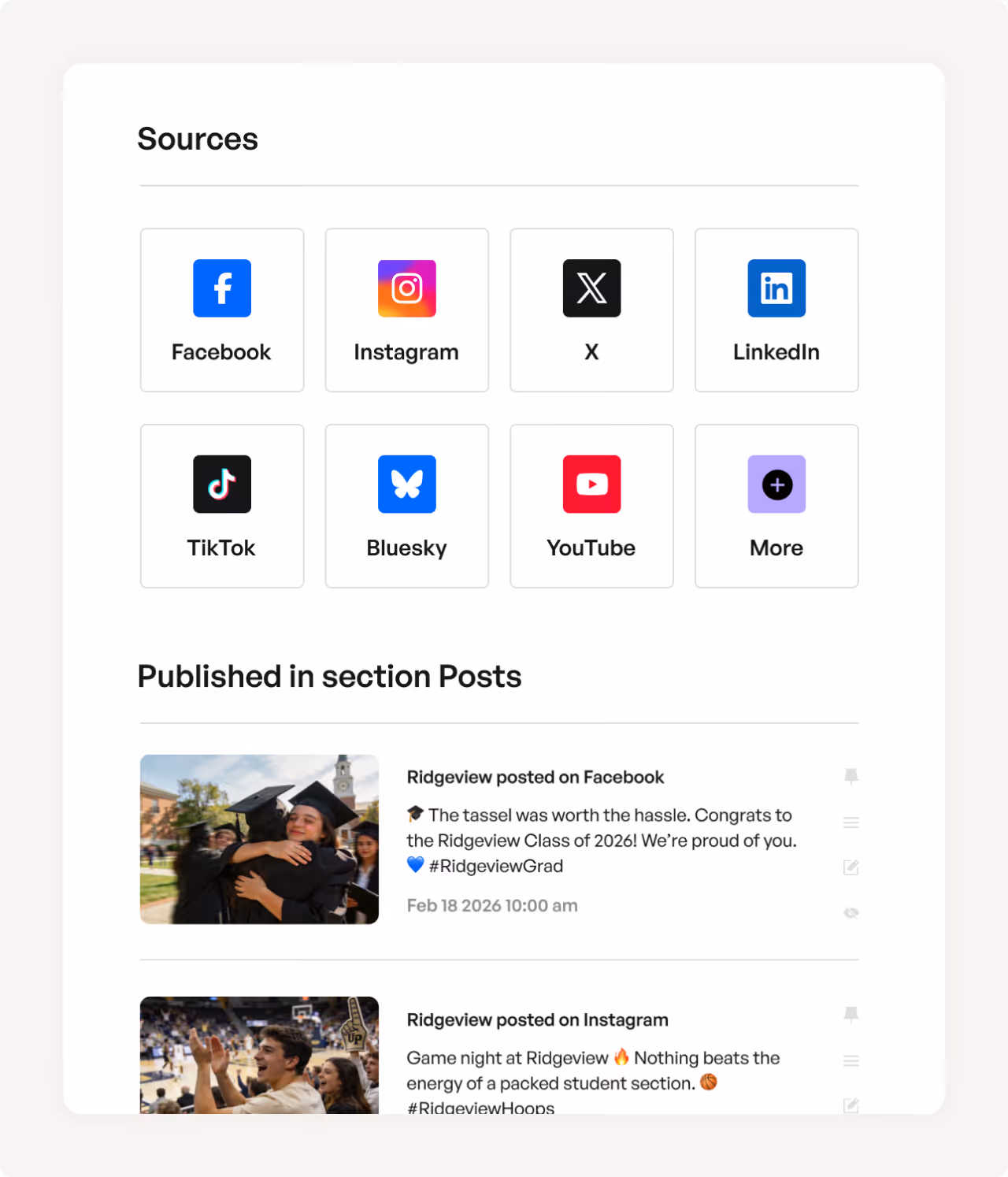 Dashboard showing social media sources including Facebook, Instagram, X, LinkedIn, TikTok, Bluesky, YouTube, and More, with posts celebrating Ridgeview Class of 2026 graduation and a game night event.