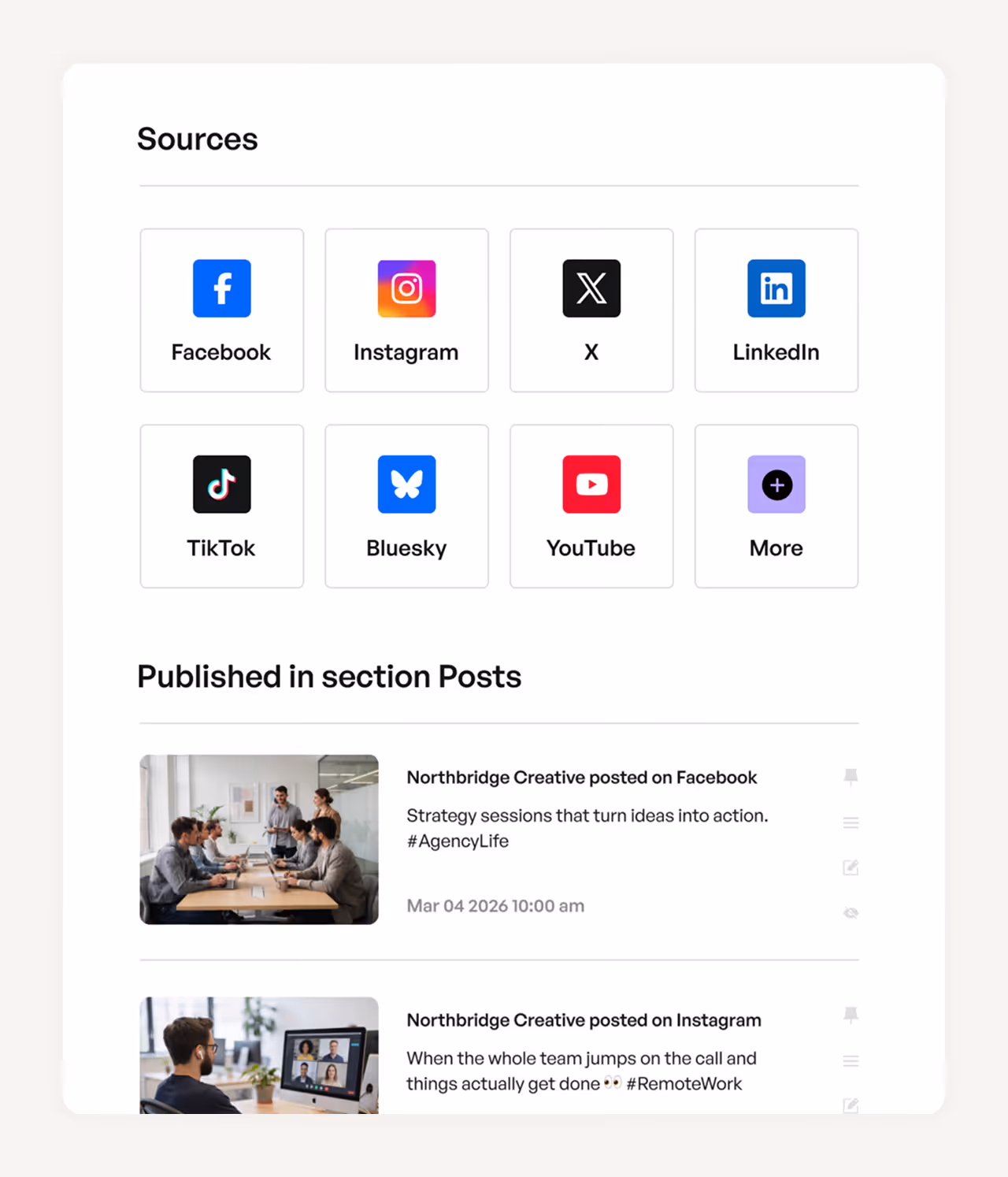 Dashboard showing social media sources including Facebook, Instagram, X, LinkedIn, TikTok, Bluesky, YouTube, and more, with sample posts from Northbridge Creative on Facebook and Instagram.
