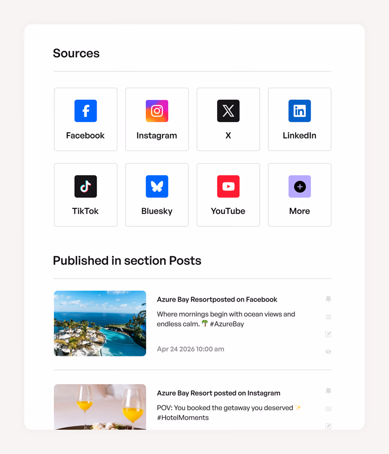 Dashboard showing social media sources icons including Facebook, Instagram, X, LinkedIn, TikTok, Bluesky, YouTube, and More, with recent posts from Azure Bay Resort on Facebook and Instagram displaying ocean view and drinks images.