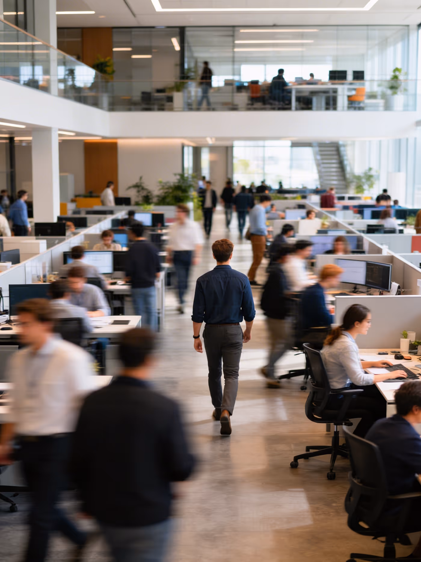 Busy modern open-plan office with many employees working at desks and walking through the space.