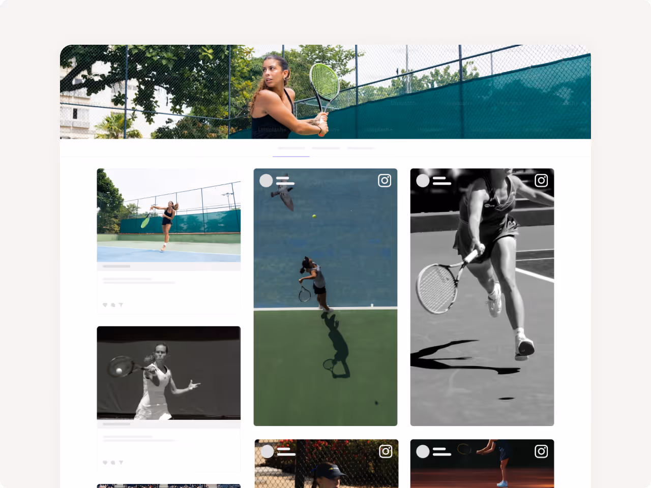 Webpage layout showing multiple Instagram-style posts and videos of women playing tennis on outdoor courts.