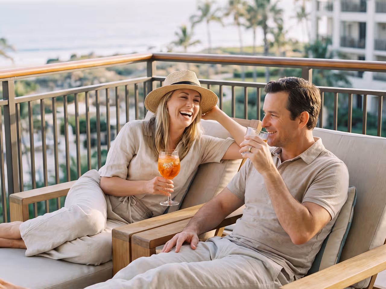Smiling couple relaxing on balcony seating, enjoying drinks with a tropical resort and ocean view.