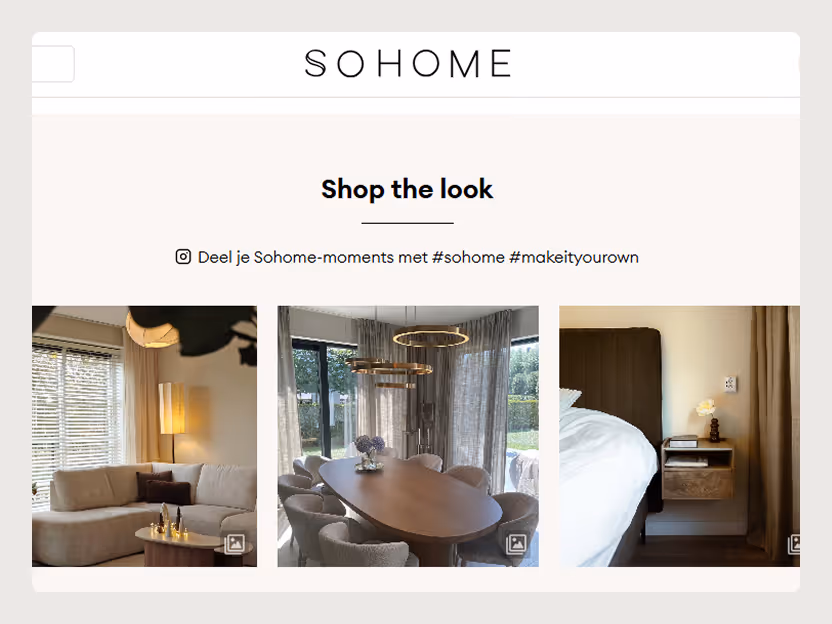 SOHOME website section titled Shop the look featuring images of a contemporary living room with beige sofa, a dining area with a wooden table and modern pendant lights, and a bedroom corner with a bed and a floating nightstand.